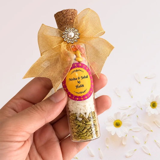 Customized Shahi Mix Sounf Favor Bottle with Golden Filigree Sticker Badge for Nikah 3