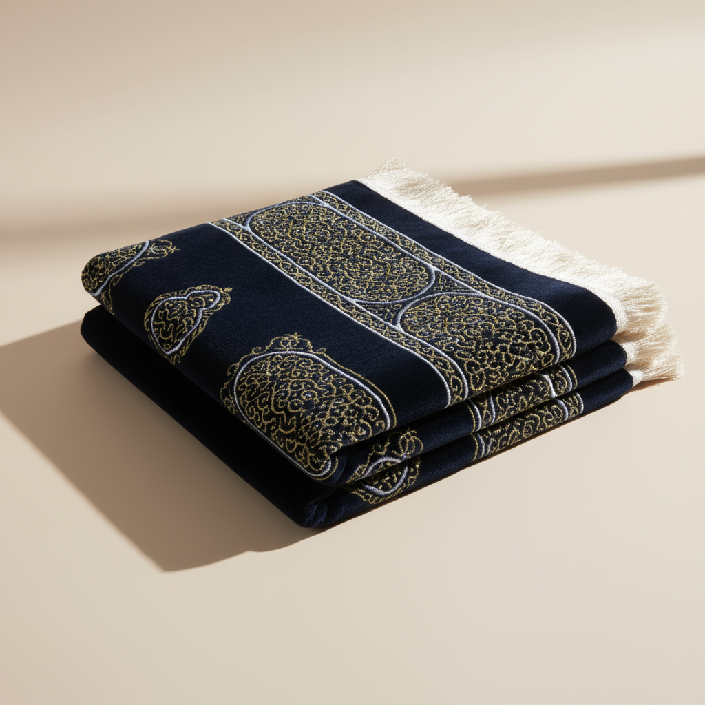 Luxury Chenille Kiswa Kaaba Islamic Prayer Rug | Premium Comfortable Dark Blue Muslim Prayer Mat