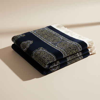 Luxury Chenille Kiswa Kaaba Islamic Prayer Rug | Premium Comfortable Dark Blue Muslim Prayer Mat