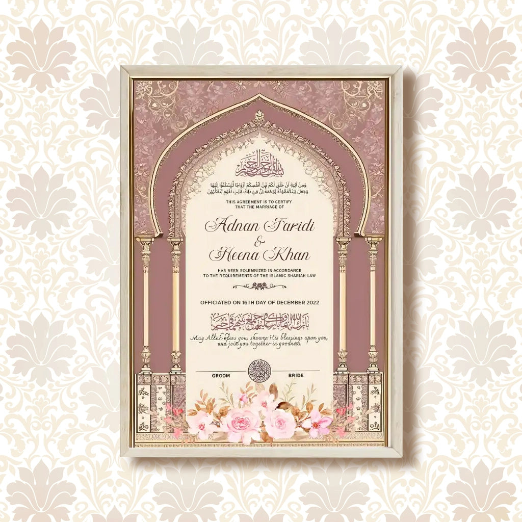 Noor-e-Zahabi personalized Nikah Nama frame with gold Islamic architectural arches and pink floral illustrations.