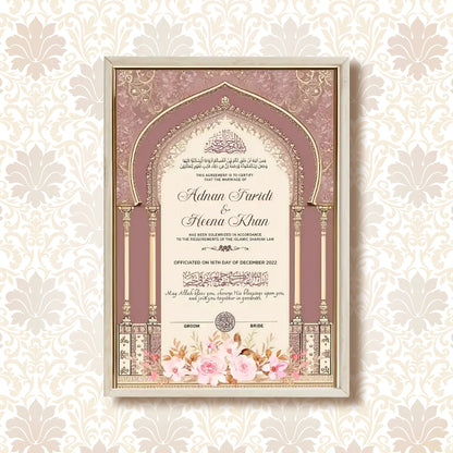 Noor-e-Zahabi personalized Nikah Nama frame with gold Islamic architectural arches and pink floral illustrations.