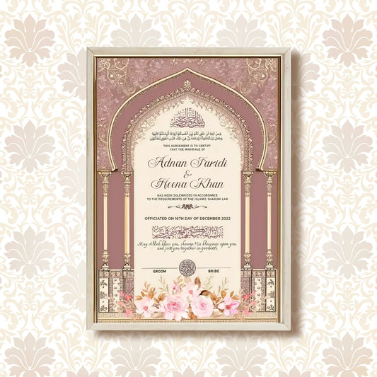 Noor-e-Zahabi personalized Nikah Nama frame with gold Islamic architectural arches and pink floral illustrations.
