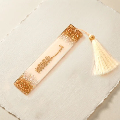 Personalized Resin Bookmark Favor with Gold Calligraphy Name and Cream Tassel 6