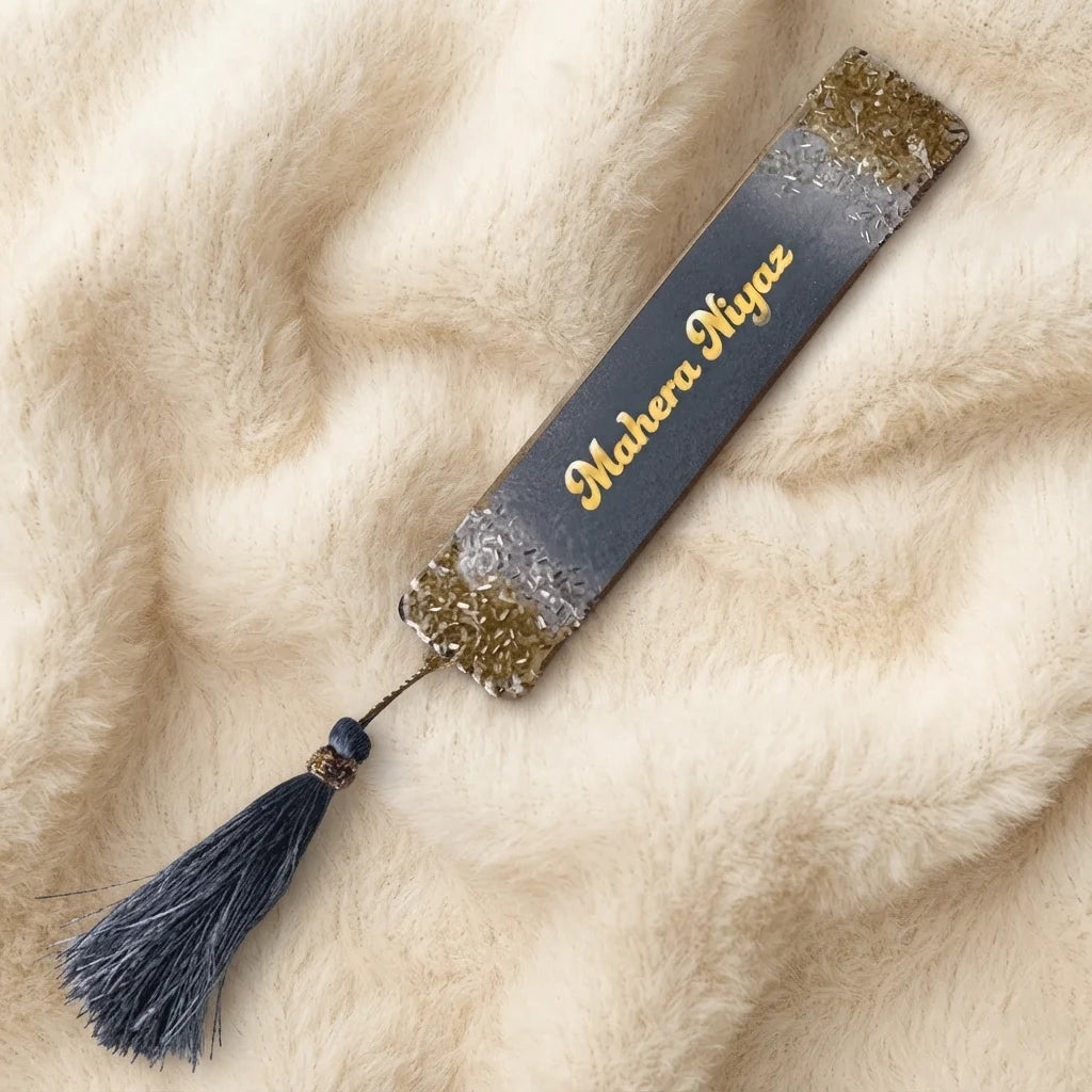 Personalized Resin Bookmark Favor with Gold Calligraphy Name and Cream Tassel