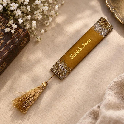 Personalized Resin Bookmark Favor with Gold Calligraphy Name and Cream Tassel 1