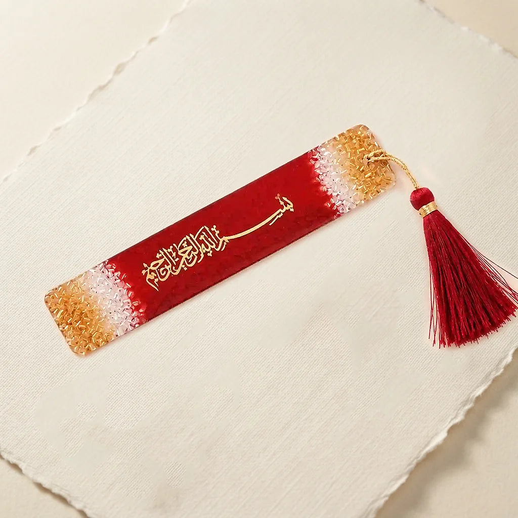 Personalized Resin Bookmark Favor with Gold Calligraphy Name and Cream Tassel