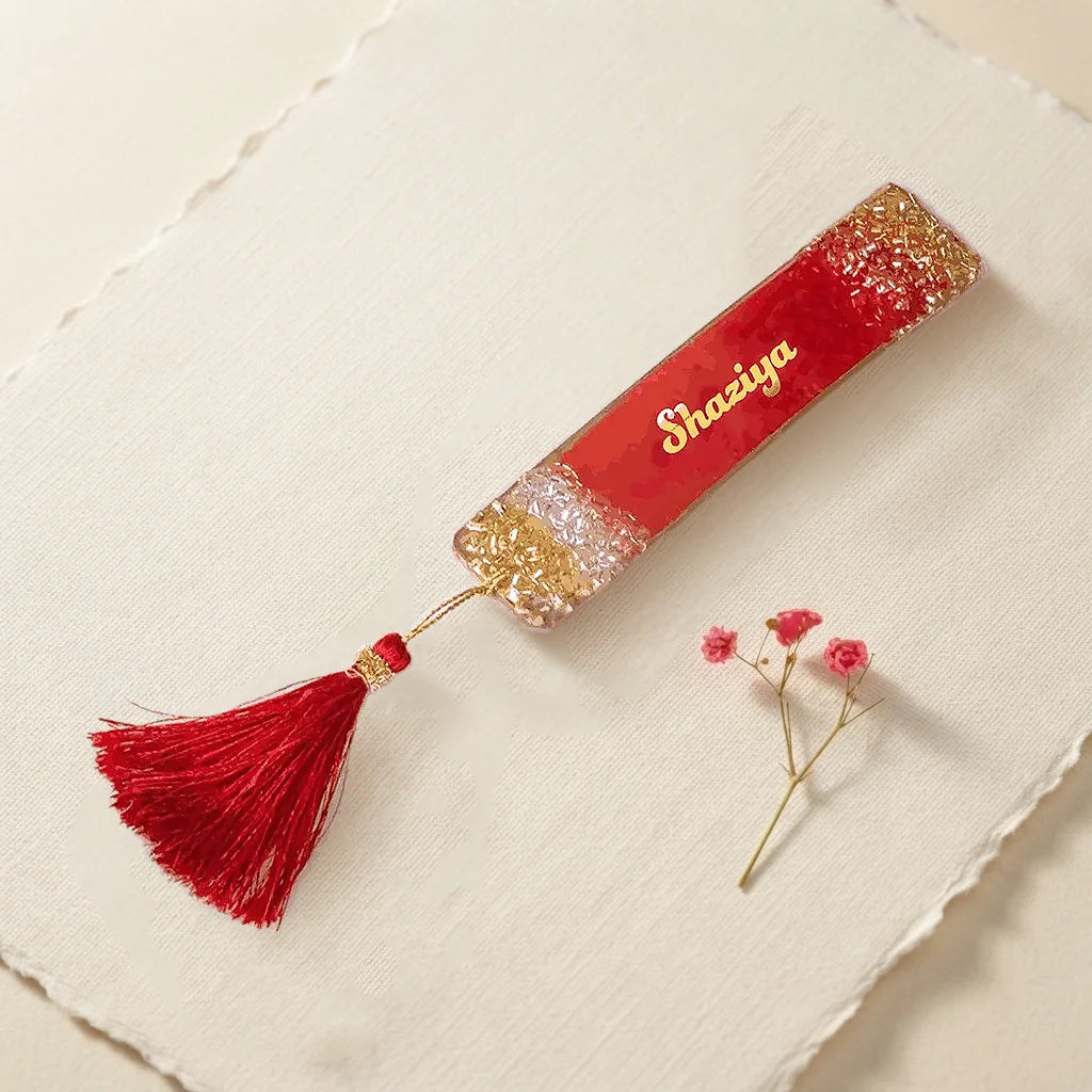 Personalized Resin Bookmark Favor with Gold Calligraphy Name and Cream Tassel 7