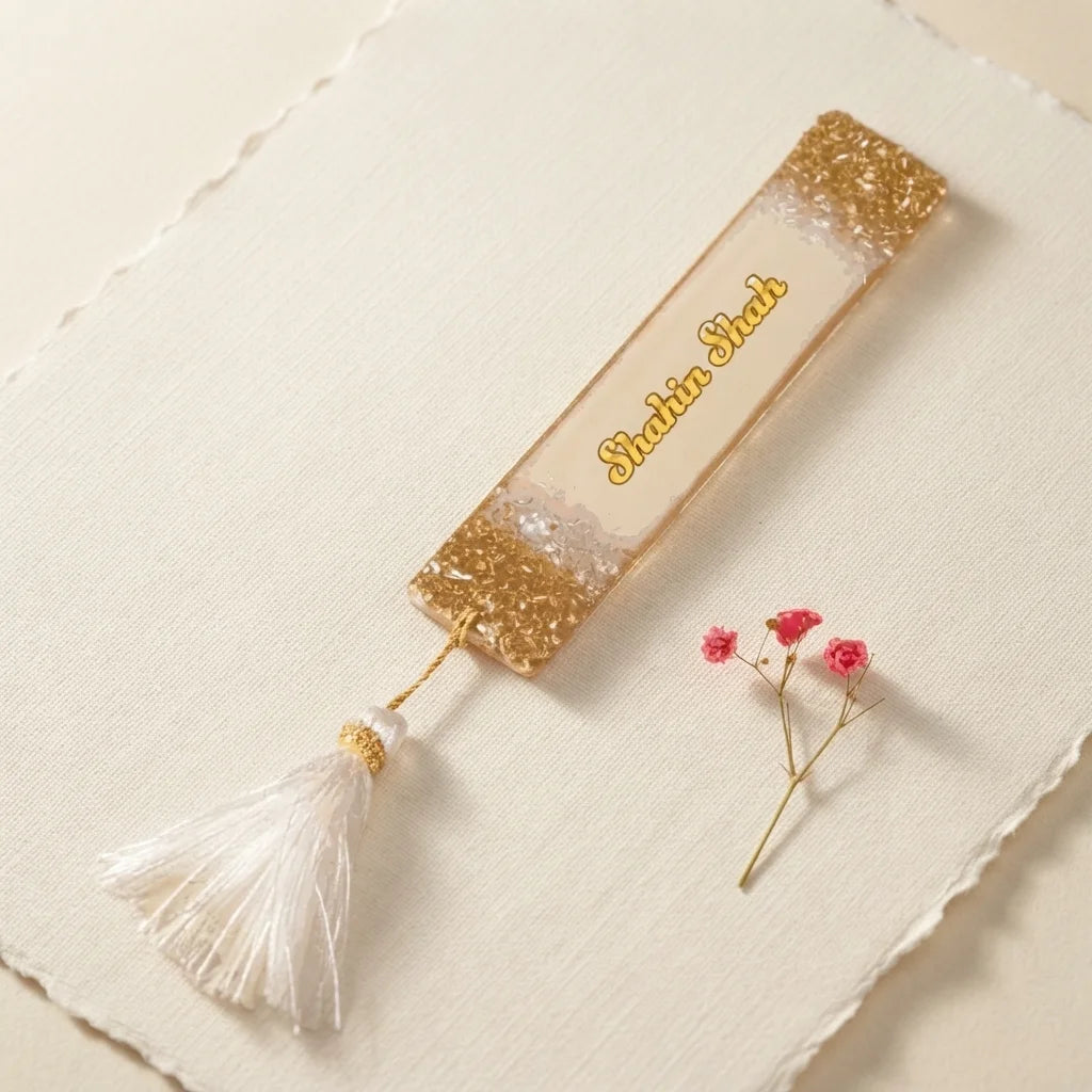 Personalized Resin Bookmark Favor with Gold Calligraphy Name and Cream Tassel 8