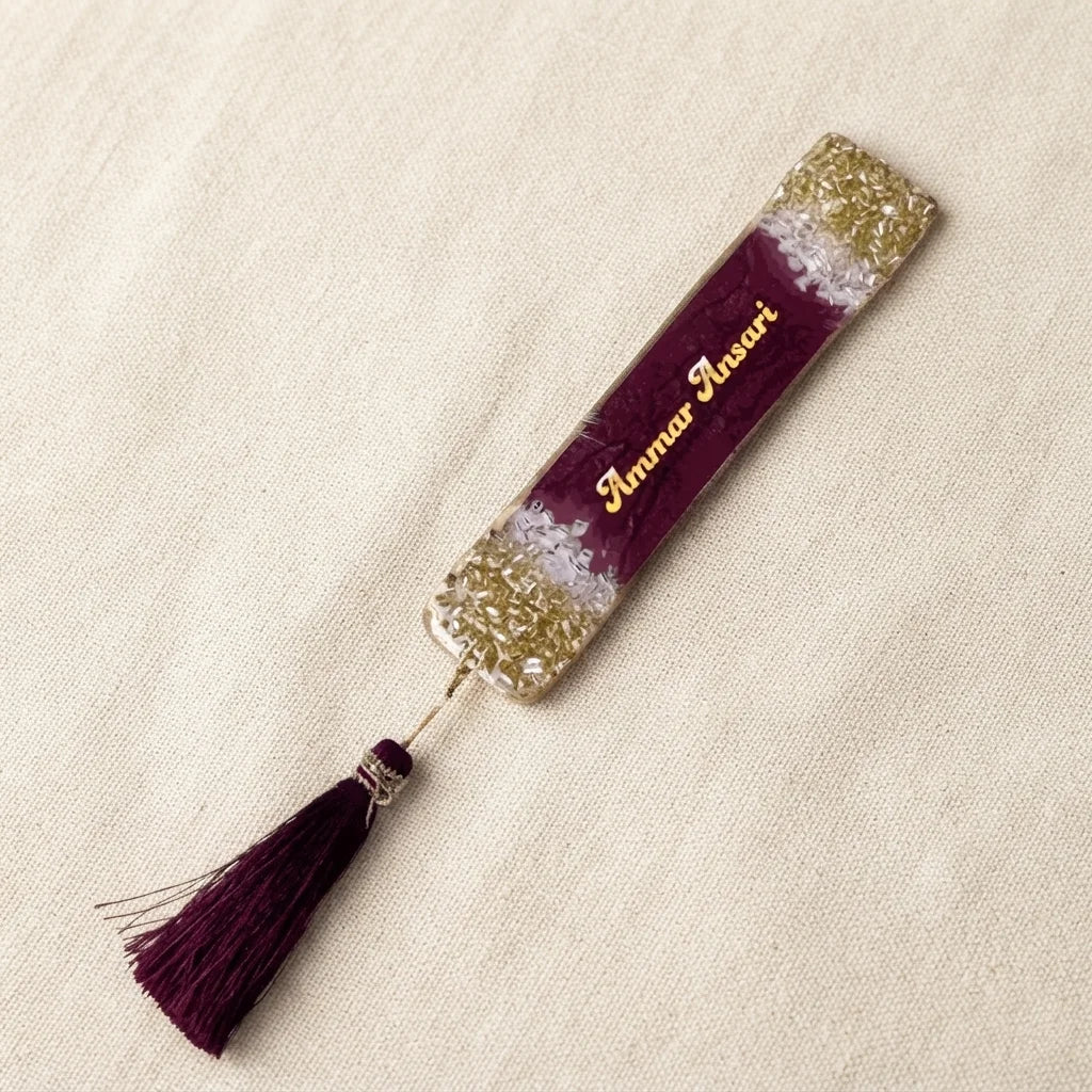 Personalized Resin Bookmark Favor with Gold Calligraphy Name and Cream Tassel 9