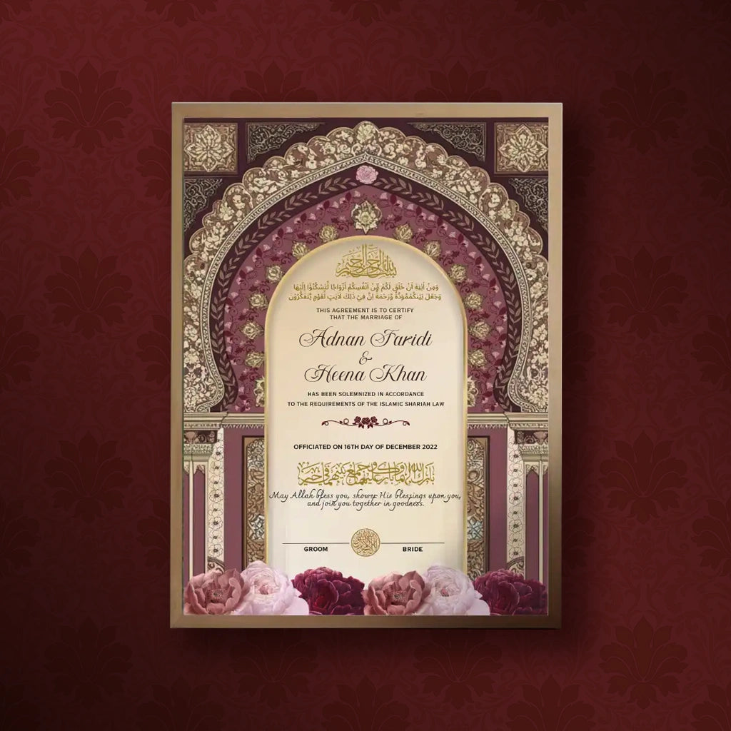 Meher-e-Zareen personalized Islamic Nikah Nama frame with maroon floral artwork and gold arched calligraphy design.