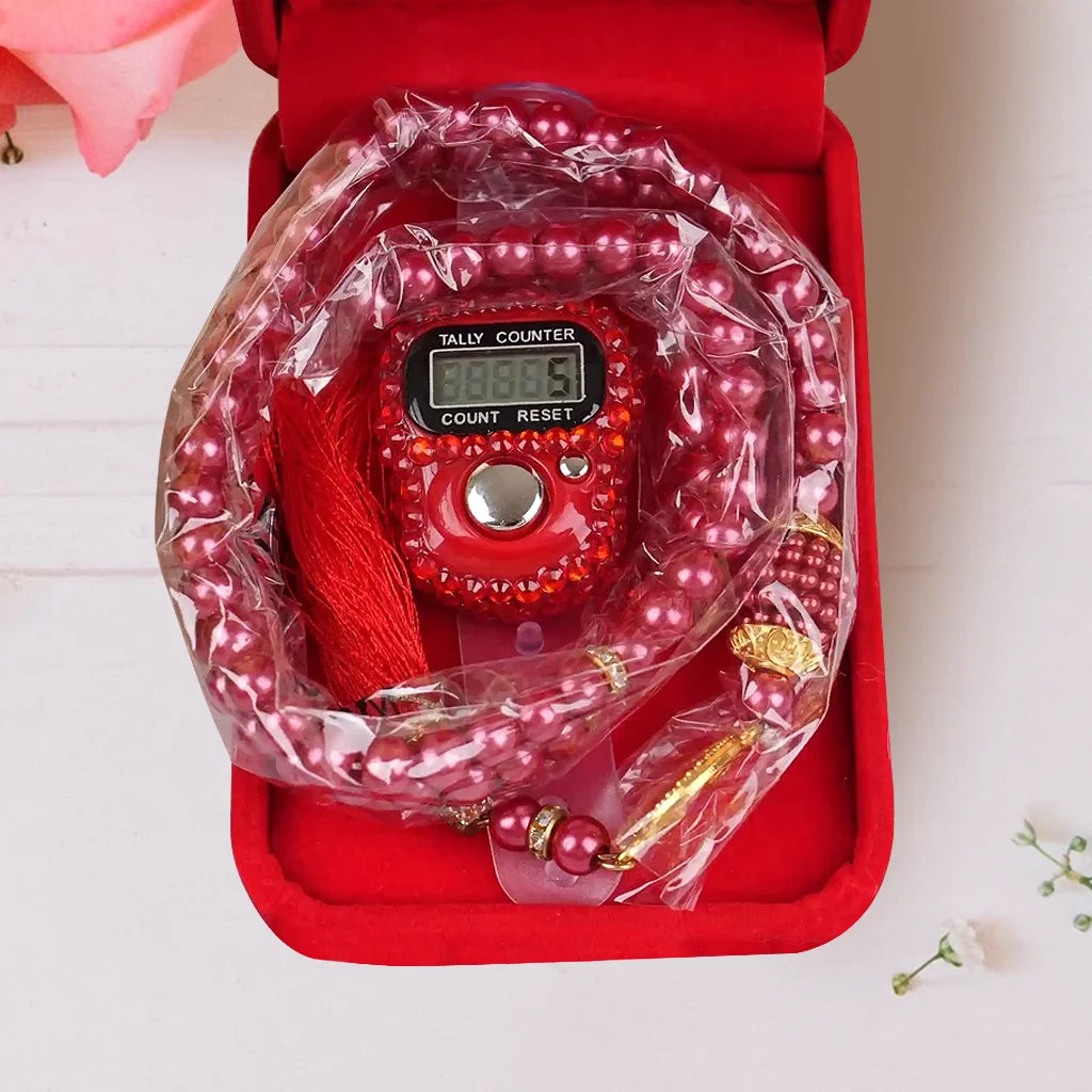 Personalized Red Velvet Tasbeeh Combo Favor Box with Gold Arabic Calligraphy Motif 10