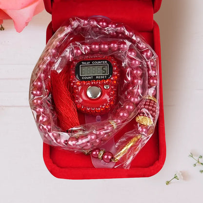 Personalized Red Velvet Tasbeeh Combo Favor Box with Gold Arabic Calligraphy Motif 10