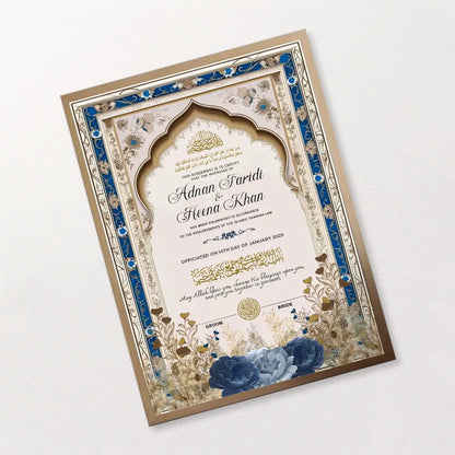 Noor-e-Aasmaan Personalised Nikah Nama Frame – Royal Blue & Gold Islamic Marriage Certificate Frame (A4 & A3)