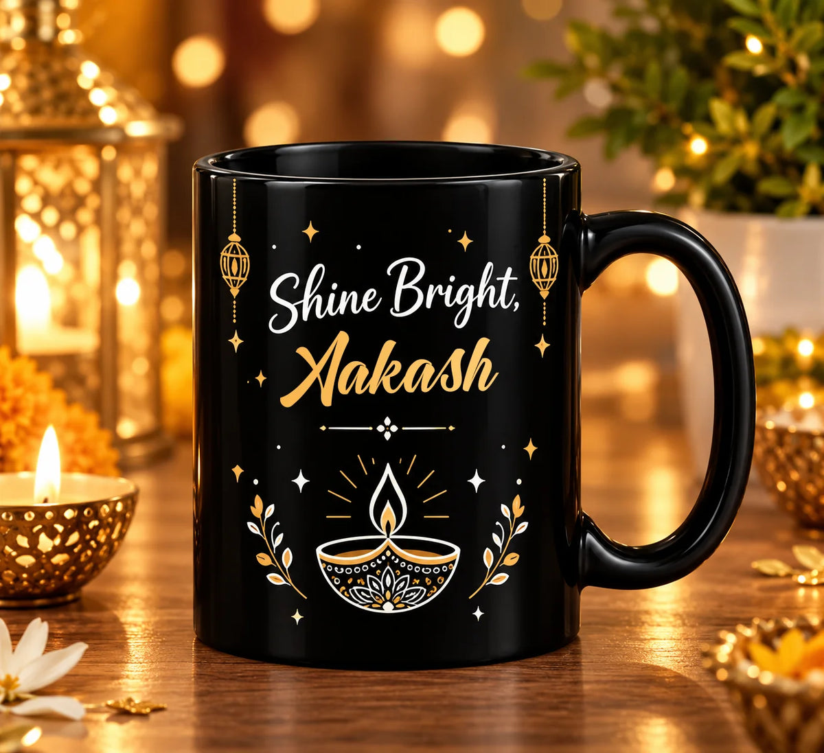 Personalized Black Ceramic Diwali Mug with Gold Diya Artwork, Lanterns, and Custom Name Script