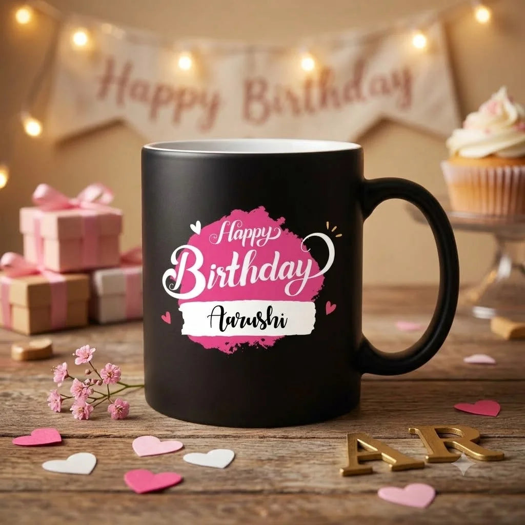 Personalized Matte Black Ceramic Birthday Mug with Pink Brushstroke Typography and Custom Name