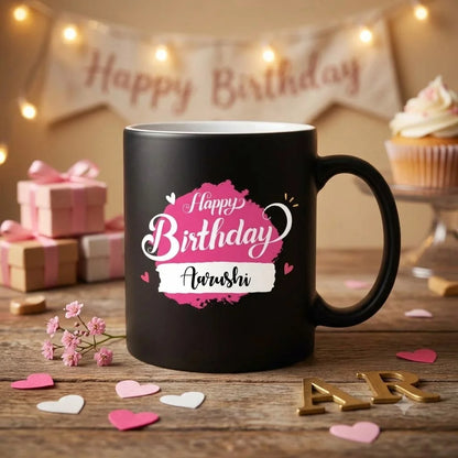 Personalized Matte Black Ceramic Birthday Mug with Pink Brushstroke Typography and Custom Name