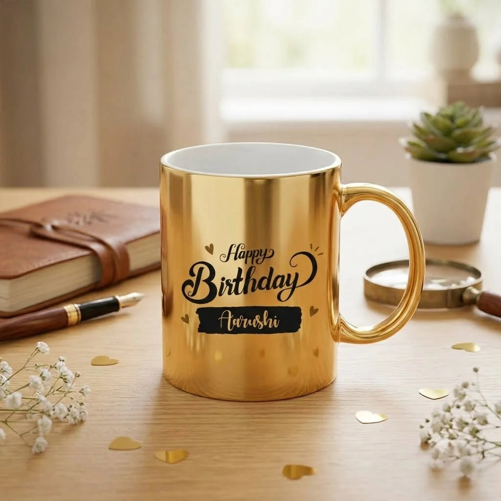 Personalized Metallic Gold Ceramic Birthday Mug with Black Typography and Custom Name 2
