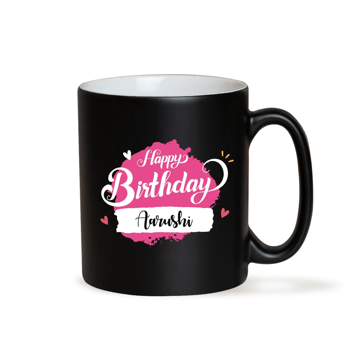 Personalized Matte Black Ceramic Birthday Mug with Pink Brushstroke Typography and Custom Name 2