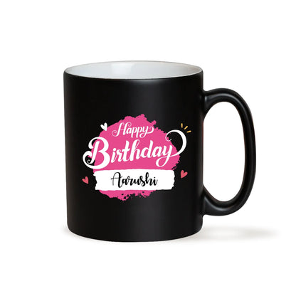 Personalized Matte Black Ceramic Birthday Mug with Pink Brushstroke Typography and Custom Name 2