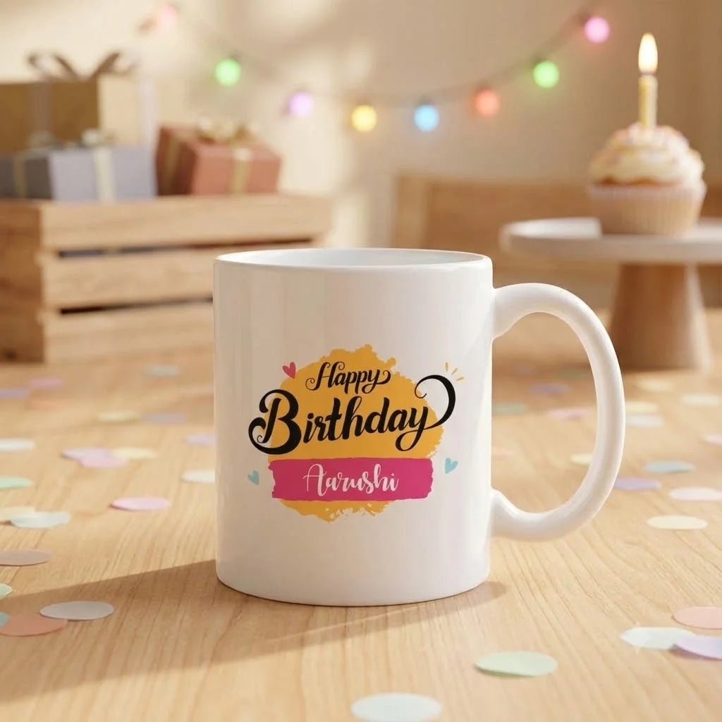 Personalized Happy Birthday White Ceramic Coffee Mug with Custom Name Brushstroke Print