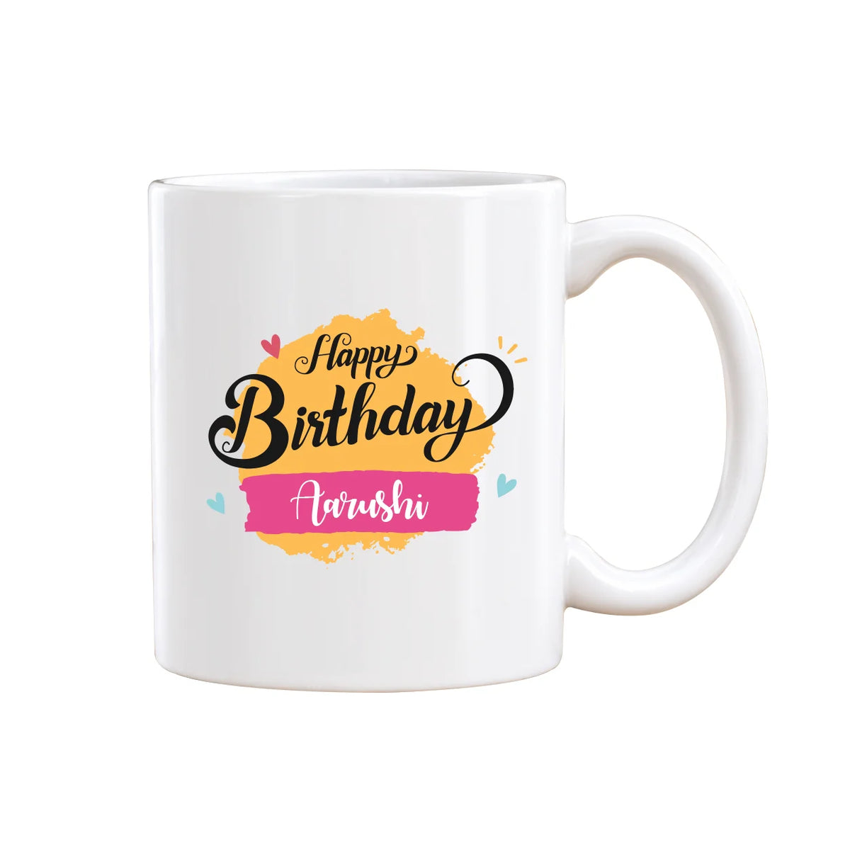 Personalized Happy Birthday White Ceramic Coffee Mug with Custom Name Brushstroke Print 1
