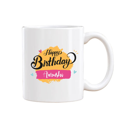 Personalized Happy Birthday White Ceramic Coffee Mug with Custom Name Brushstroke Print 1