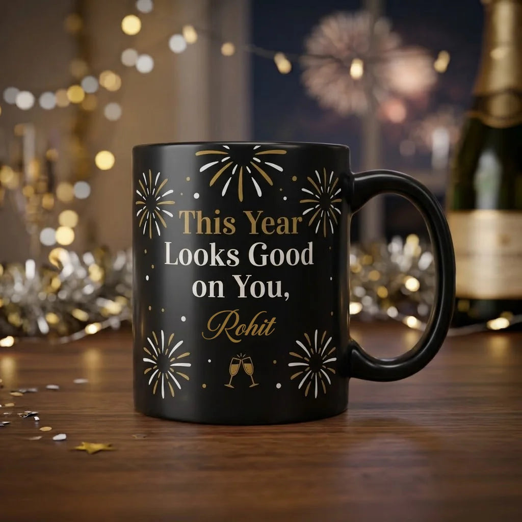 Black Ceramic New Year Mug with Gold This Year Text, White Looks Good on You Typography, Custom Name Script, and Gold Fireworks Illustrations