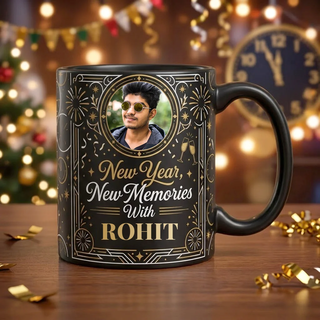 Personalized Black Ceramic New Year Mug with Custom Photo in Gold Medallion, Art Deco Border, Fireworks, and New Year New Memories Name Script