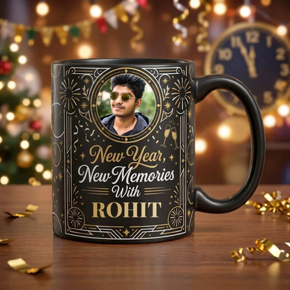 Personalized Black Ceramic New Year Mug with Custom Photo in Gold Medallion, Art Deco Border, Fireworks, and New Year New Memories Name Script