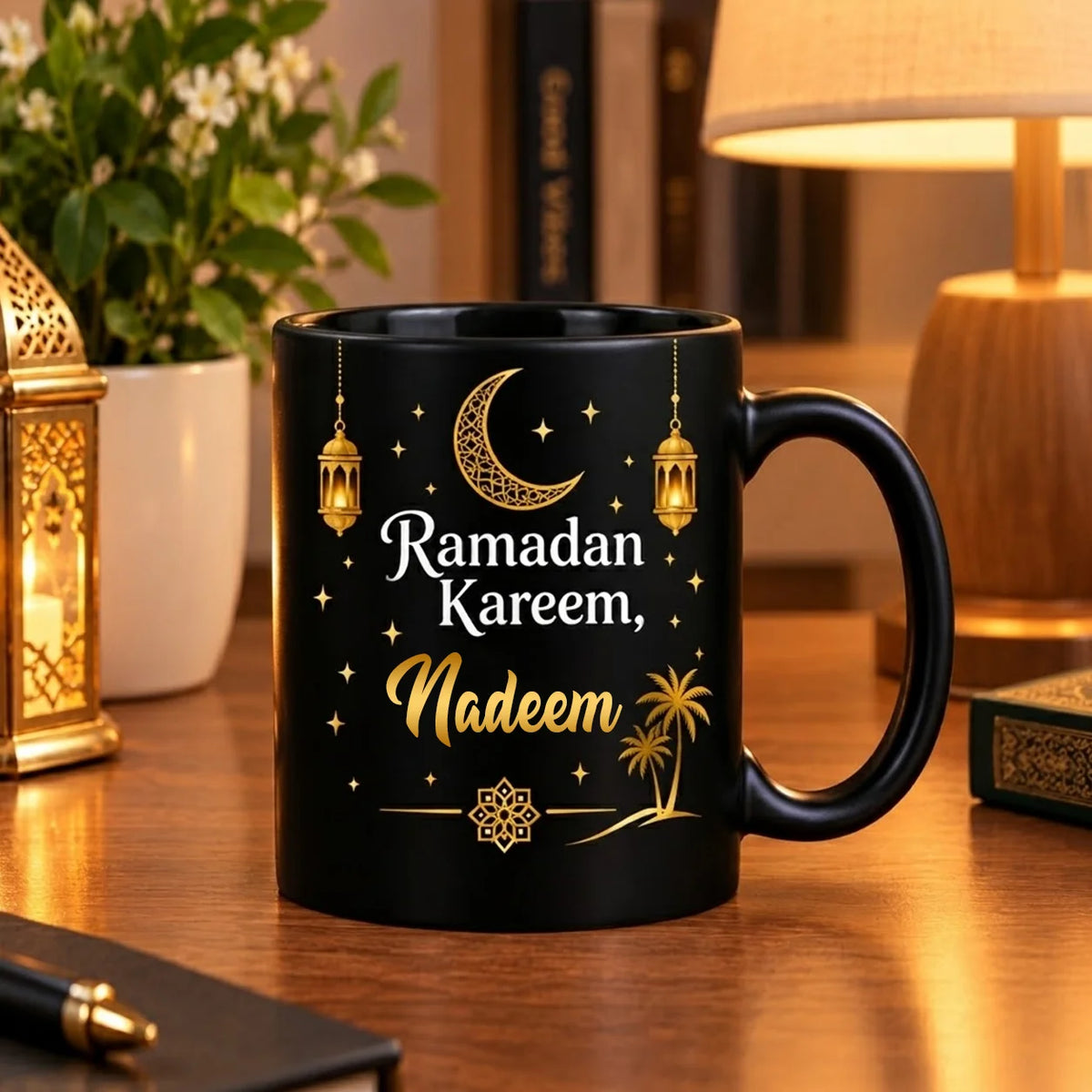 Personalized Black Ceramic Ramadan Mug with Gold Crescent Moon, Fanous Lanterns, Palm Trees, and Custom Gold Name Script