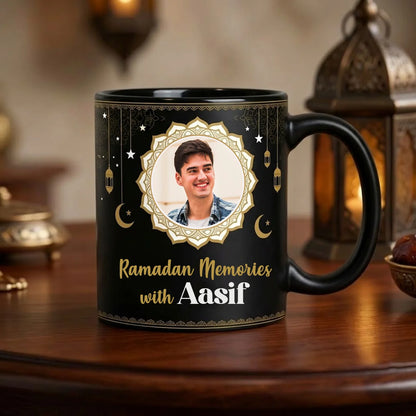 Personalized Black Ceramic Ramadan Mug with Custom Photo in Gold Mandala Frame, Crescent Moons, Lanterns, and Custom Name Script