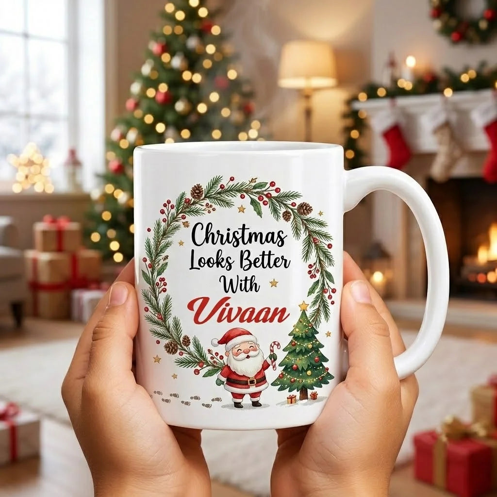 Personalized White Ceramic Christmas Mug with Santa Claus, Christmas Tree, Evergreen Wreath, and Custom Name Script