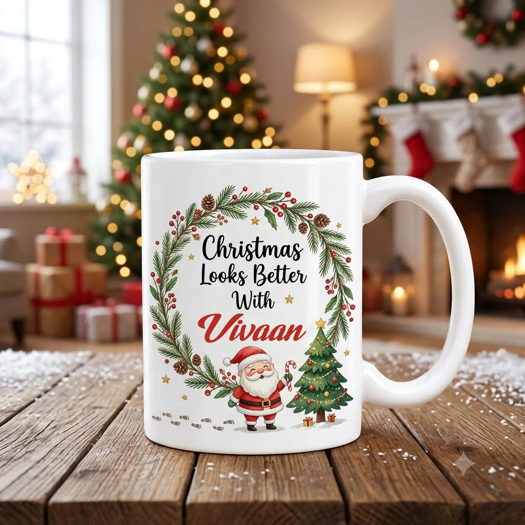 Personalized White Ceramic Christmas Mug with Santa Claus, Christmas Tree, Evergreen Wreath, and Custom Name Script 2