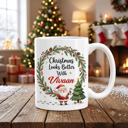 Personalized White Ceramic Christmas Mug with Santa Claus, Christmas Tree, Evergreen Wreath, and Custom Name Script 2