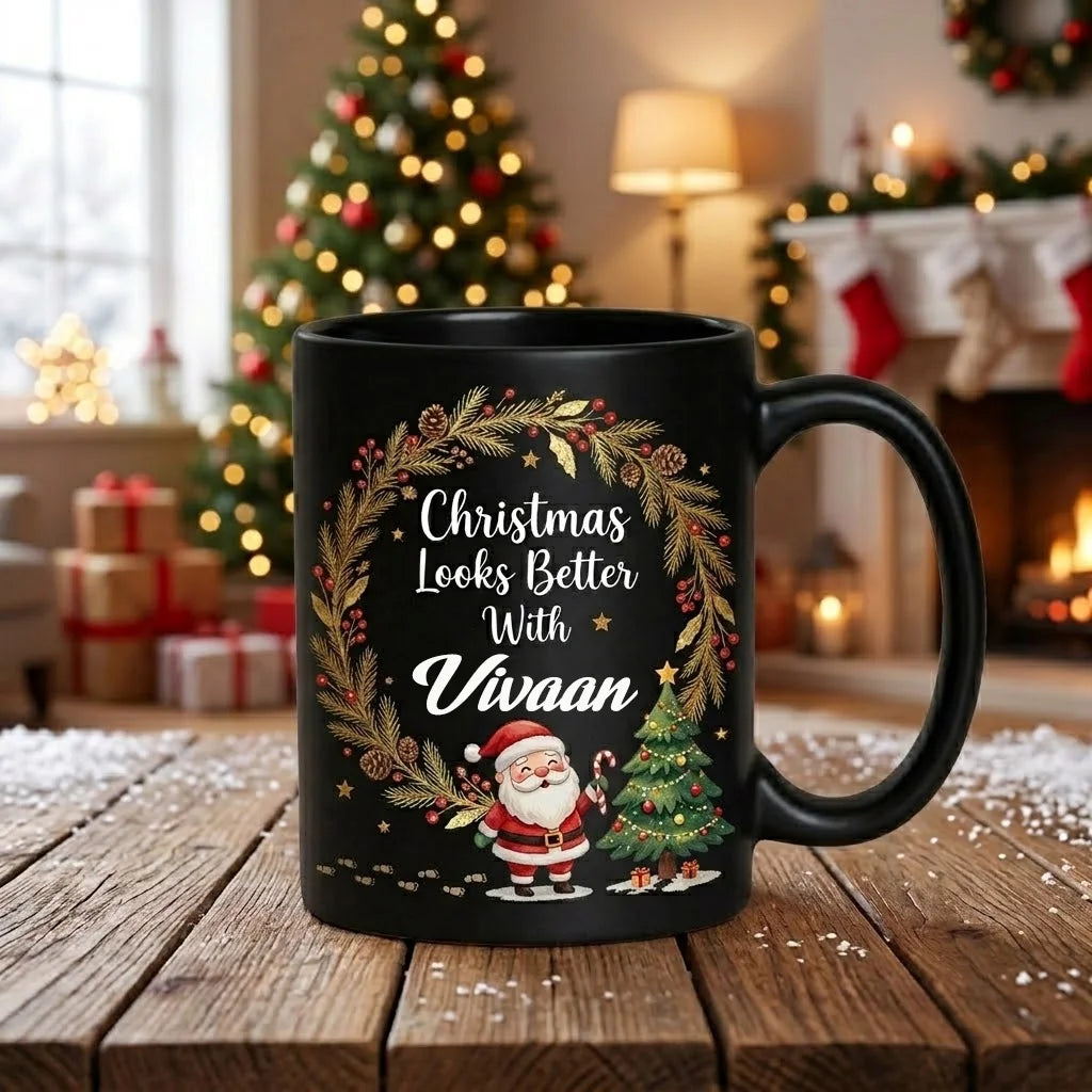 Personalized Matte Black Ceramic Christmas Mug with Santa Claus, Christmas Tree, Golden Pine Wreath, and Custom Name Script