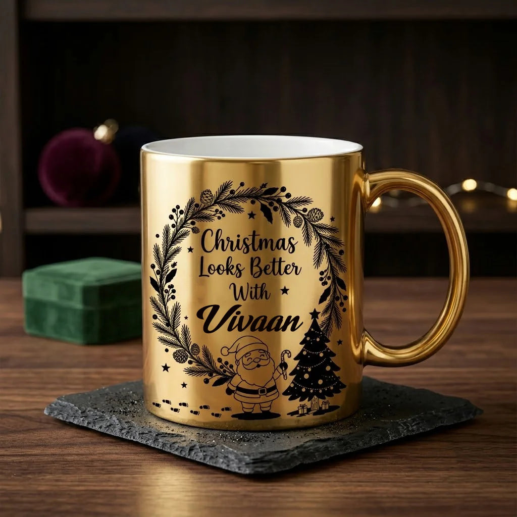 Personalized Metallic Gold Santa & Tree Christmas Wreath Ceramic Mug | Custom Name Holiday Coffee Mug (350 ml)