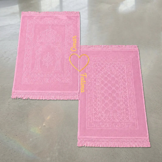 Personalized Pink Velvet Rectangle Couple Prayer Mat Set with Gold Calligraphy