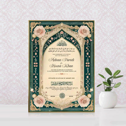 Emerald-Emaan personalized Nikah Nama frame with emerald green border, gold arch motifs, and pink rose artwork.