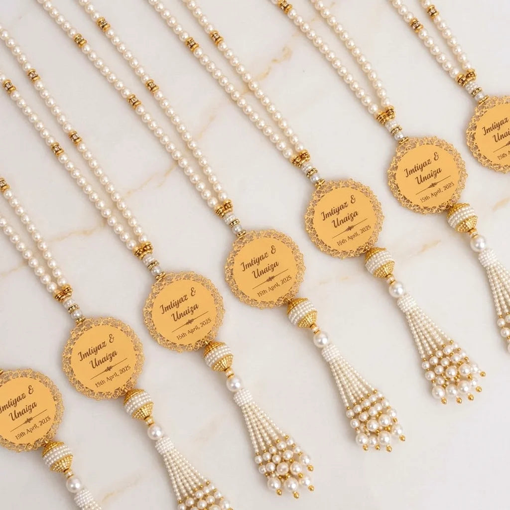 Personalized Metallic Faceted Crystal Tasbih Favor with Custom Gold Filigree Medallion and Tassel 8