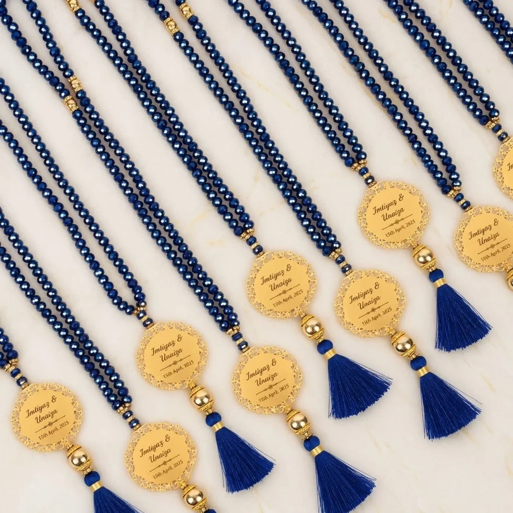 Personalized Metallic Faceted Crystal Tasbih Favor with Custom Gold Filigree Medallion and Tassel 9