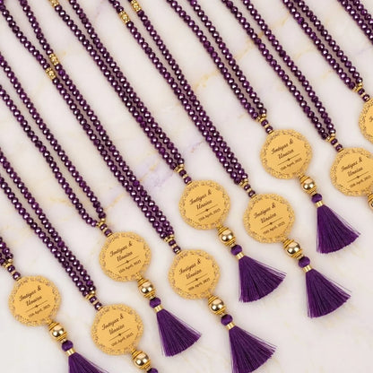 Personalized Metallic Faceted Crystal Tasbih Favor with Custom Gold Filigree Medallion and Tassel 10