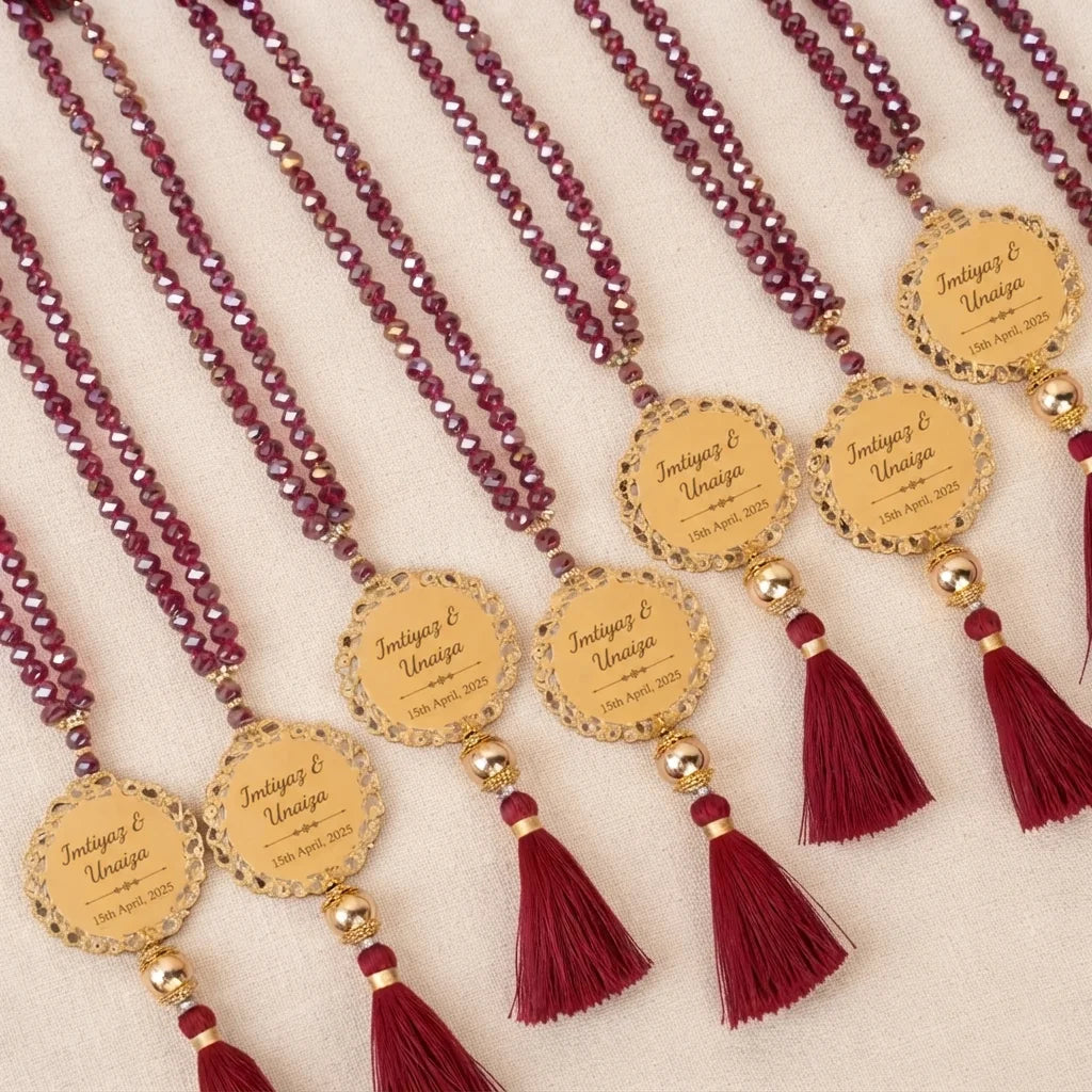 Personalized Metallic Faceted Crystal Tasbih Favor with Custom Gold Filigree Medallion and Tassel 12