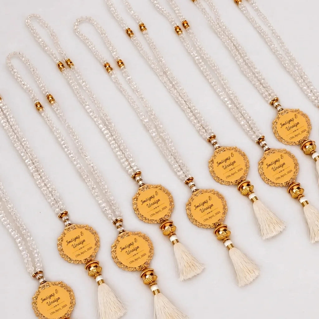 Personalized Metallic Faceted Crystal Tasbih Favor with Custom Gold Filigree Medallion and Tassel