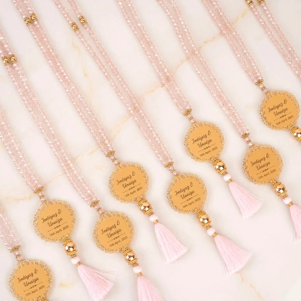 Personalized Metallic Faceted Crystal Tasbih Favor with Custom Gold Filigree Medallion and Tassel 2