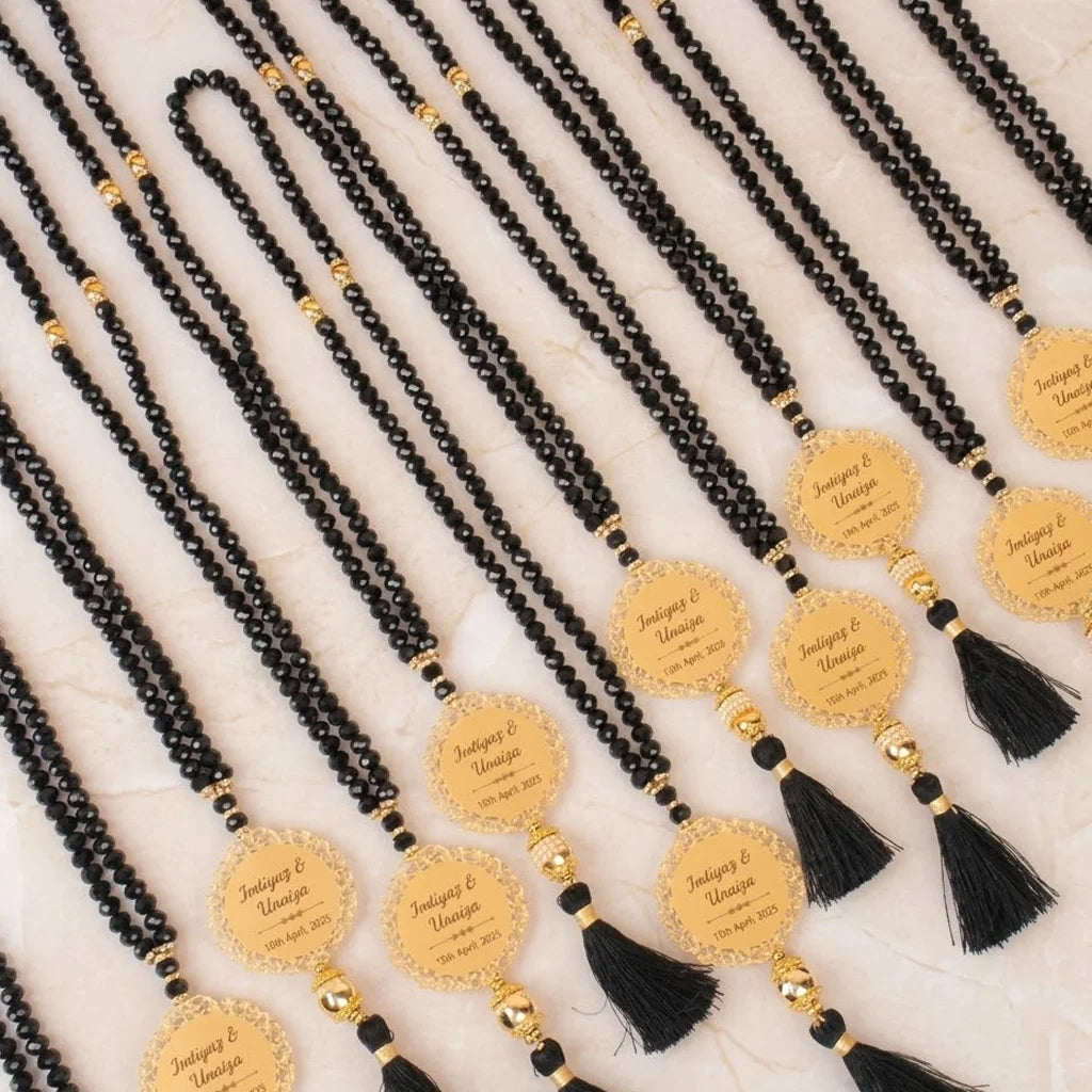 Personalized Metallic Faceted Crystal Tasbih Favor with Custom Gold Filigree Medallion and Tassel 3