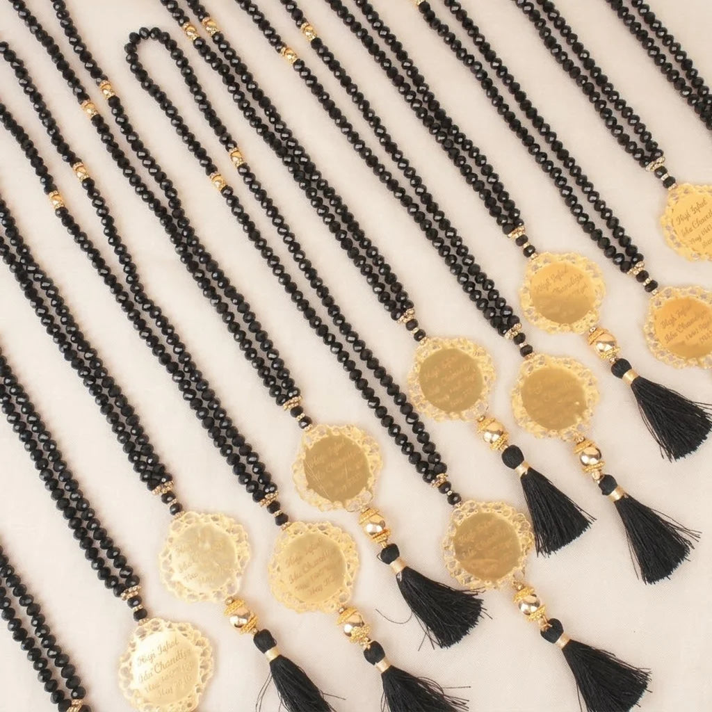 Personalized Metallic Faceted Crystal Tasbih Favor with Custom Gold Filigree Medallion and Tassel 4