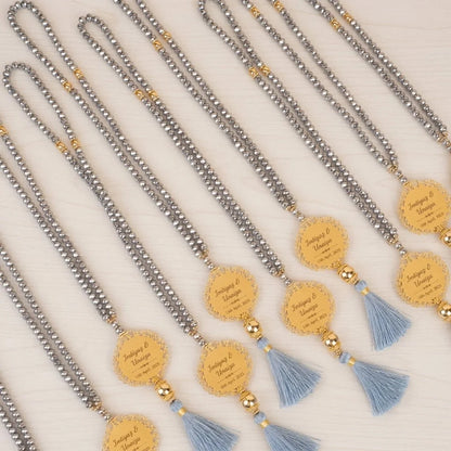 Personalized Metallic Faceted Crystal Tasbih Favor with Custom Gold Filigree Medallion and Tassel 5