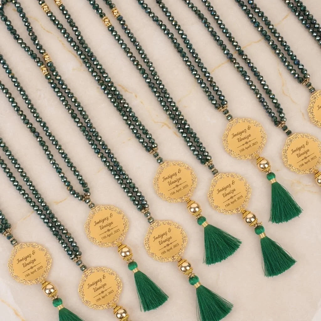 Personalized Metallic Faceted Crystal Tasbih Favor with Custom Gold Filigree Medallion and Tassel 6
