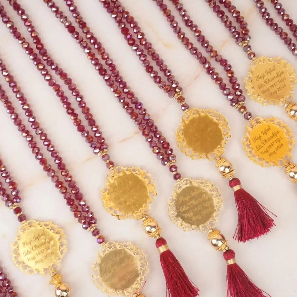 Personalized Metallic Faceted Crystal Tasbih Favor with Custom Gold Filigree Medallion and Tassel 7