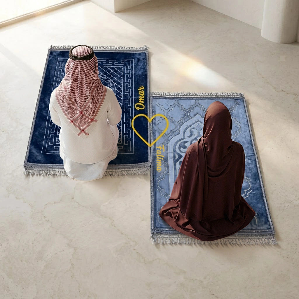 Personalized Couple Prayer Mat Set Grey Velvet Rectangle Janamaz